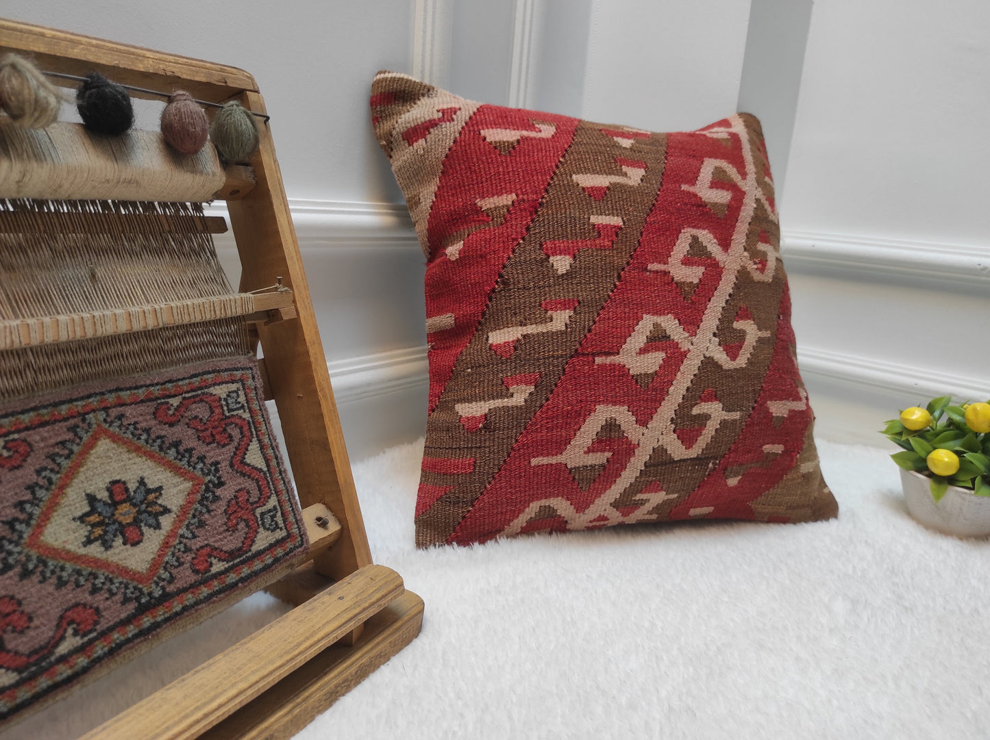 Handmade Kilim Pillow Cover: Red Brown Anatolian Rug, 16x16 inc