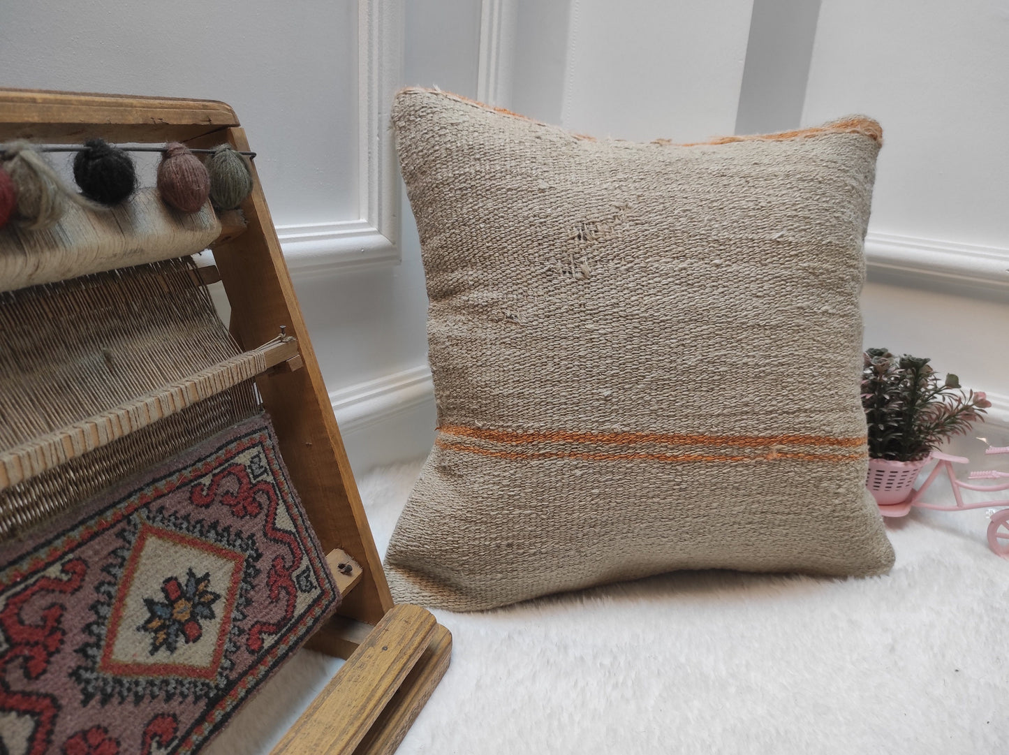 Handwoven Kilim Pillow Cover: Upcycled Rustic Ethnic Pillow (16x16 Inc)