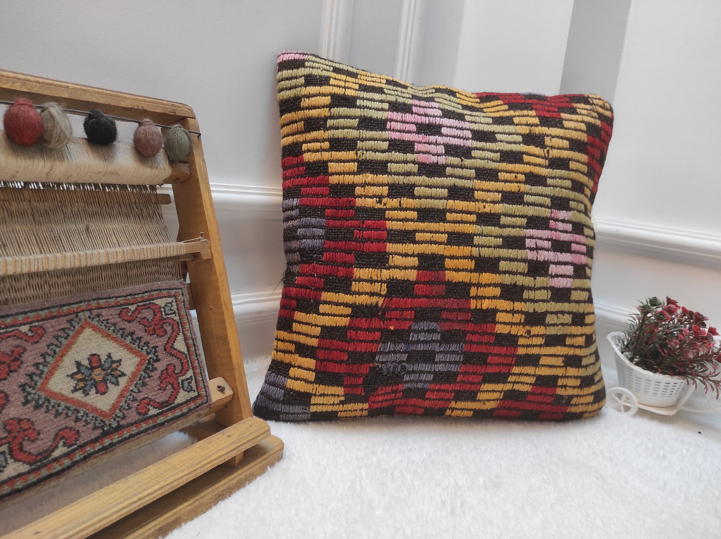 Handmade Kilim Pillow Cover: Upcycled Woven Rug, Bohemian Decor (18x18 inc, 45x45 cm)