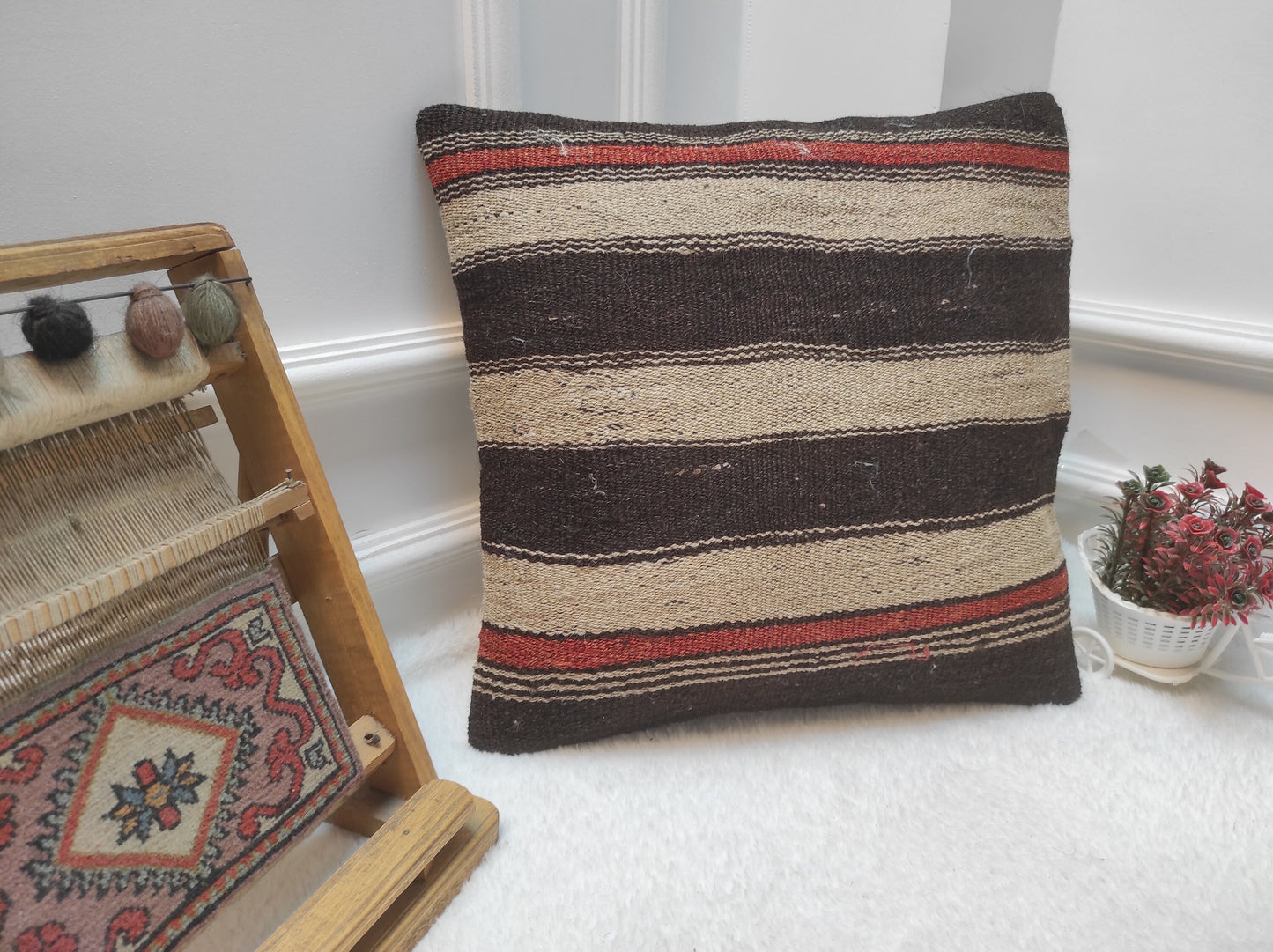 Handwoven Kilim Pillow Cover: Upcycled Rug, Bohemian Decor (18 x 18 in)