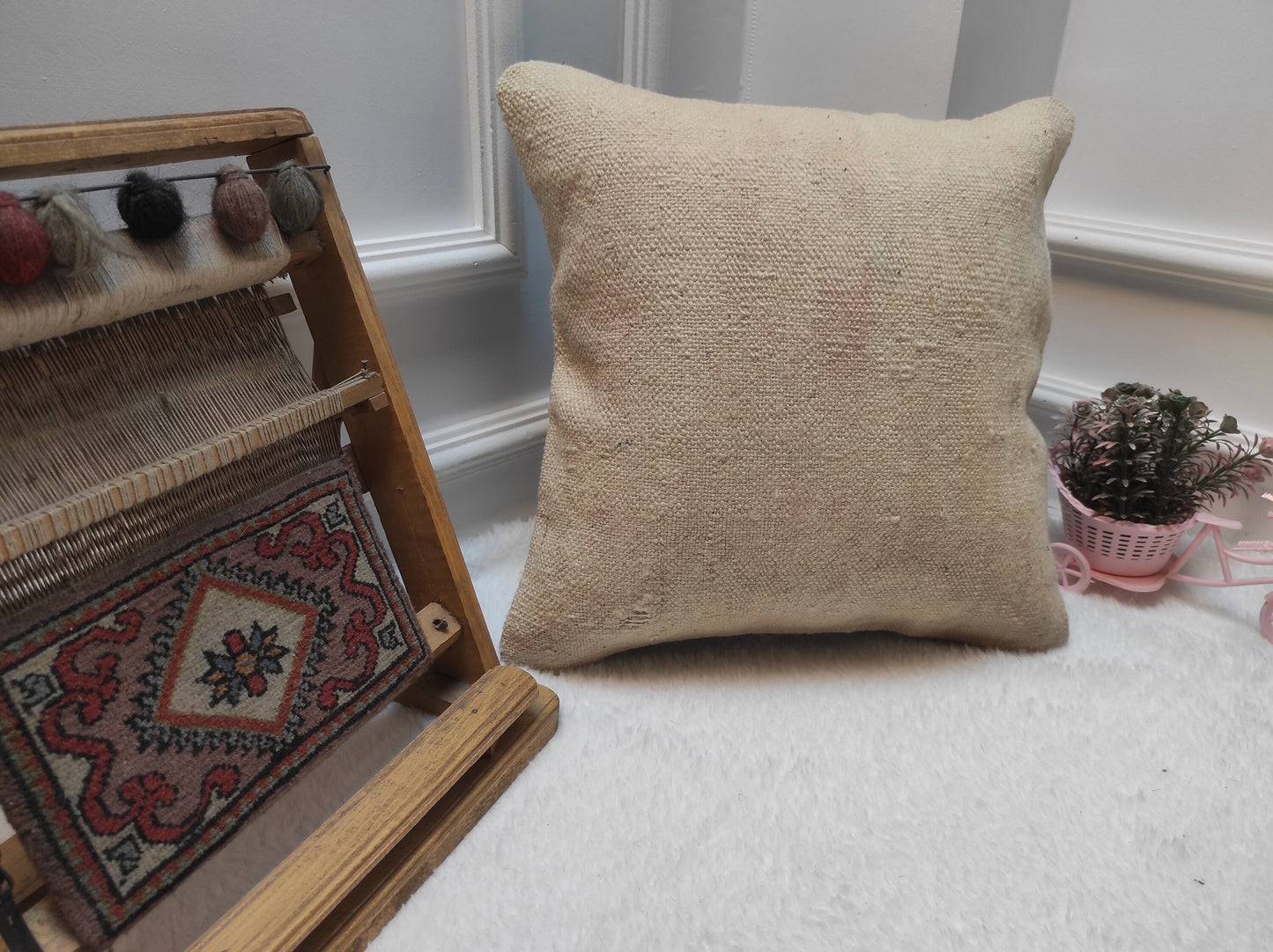 Handmade White Kilim Pillow Cover: Upcycled Woven Rug, 16x16 in