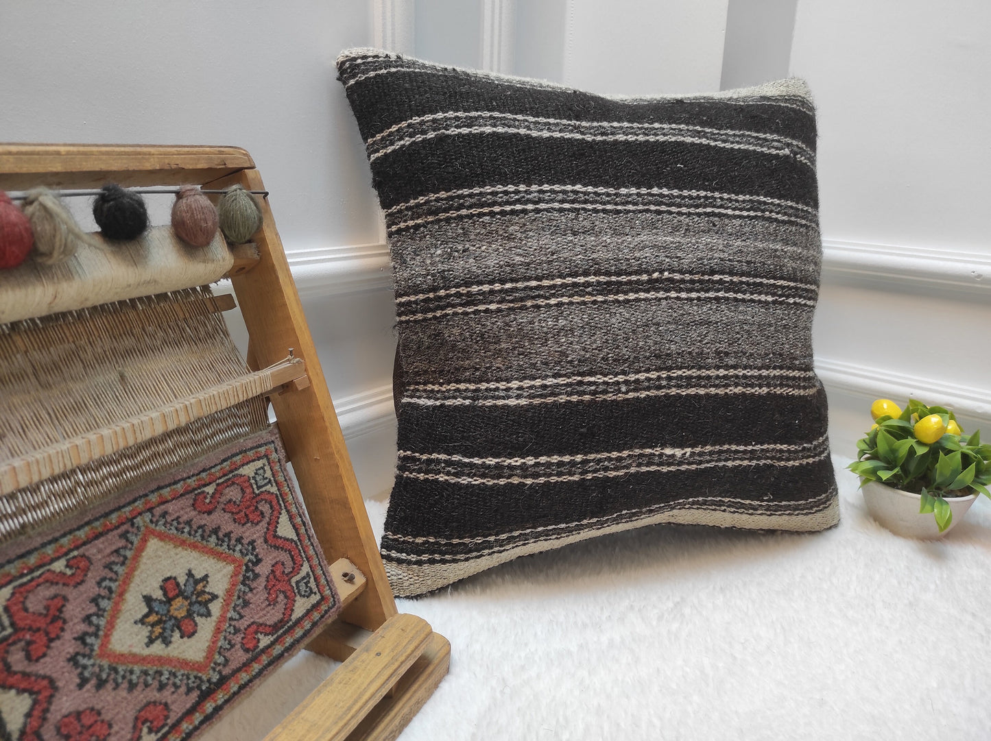 Handwoven Kilim Pillow Cover: Black Tribal Rug Pillow (18x18)