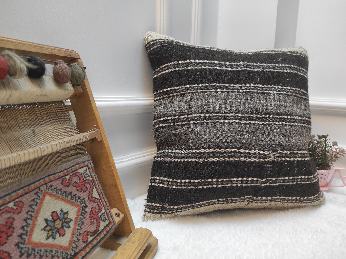 Handwoven Kilim Pillow Cover: Black & White Ethnic Tribal Design