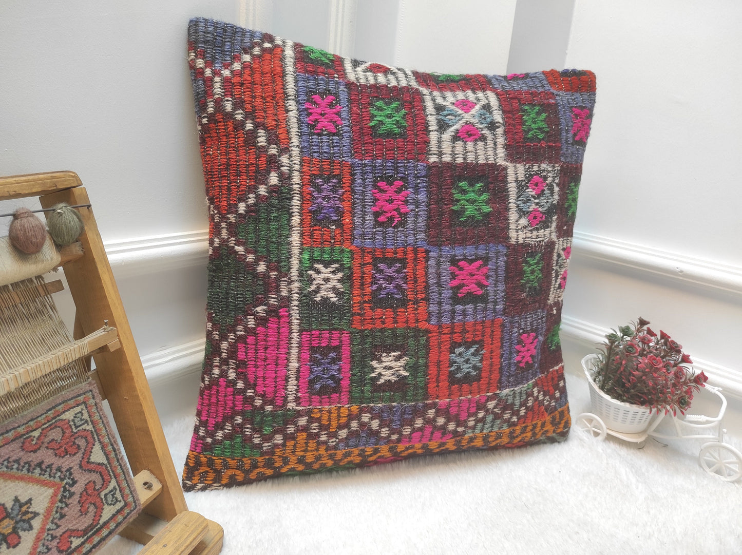 Handmade Kilim Pillow Cover: Upcycled Woven Rug, 20x20 inches