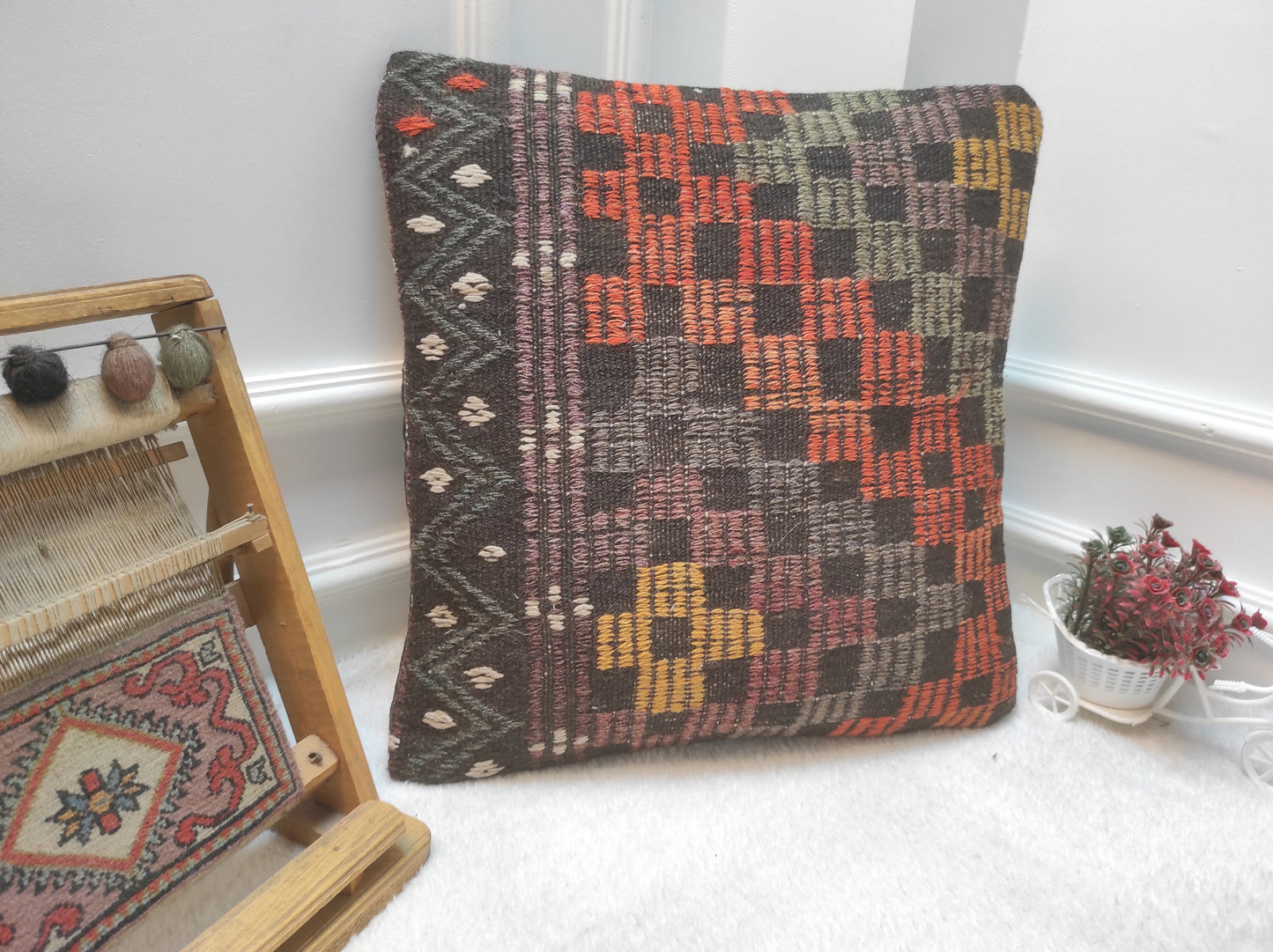 Handmade Kilim Pillow Cover: Upcycled Woven Rug, 20x20 in