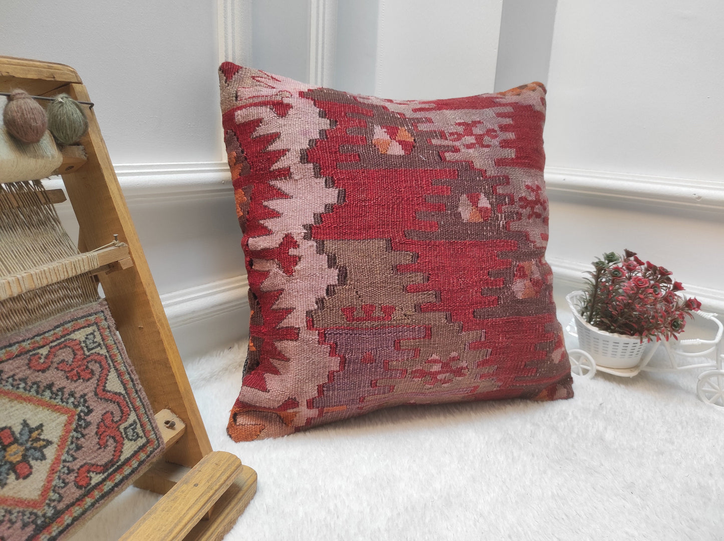 Handwoven Kilim Pillow Cover: Upcycled Tribal Rug, 16x16