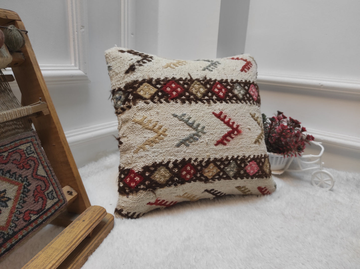 Handmade Kilim Pillow Cover: Upcycled Woven Rug, Bohemian Decor (14x14 Inc)
