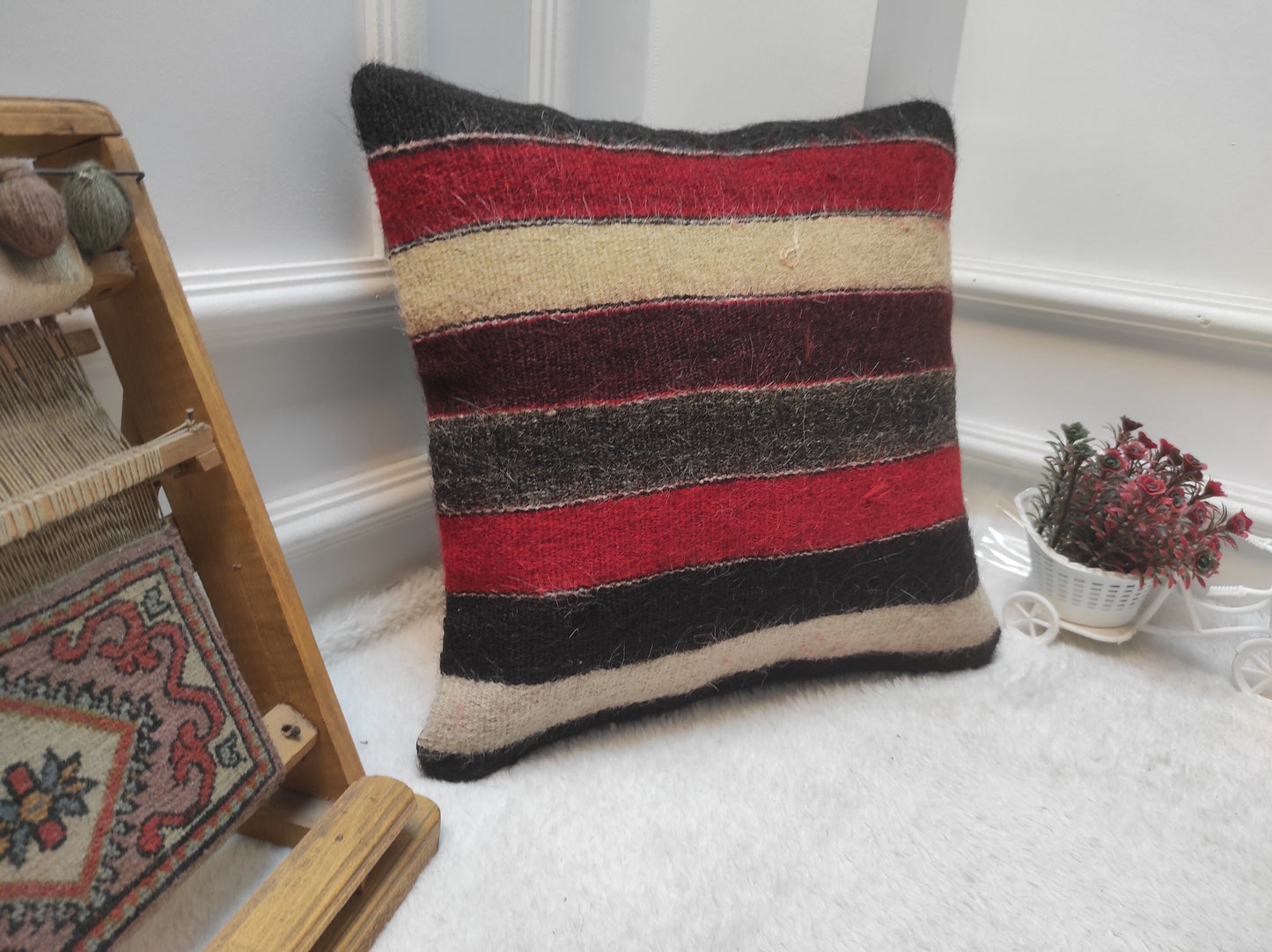 Handmade Striped Kilim Pillow Cover: Upcycled Woven Wool, 16x16