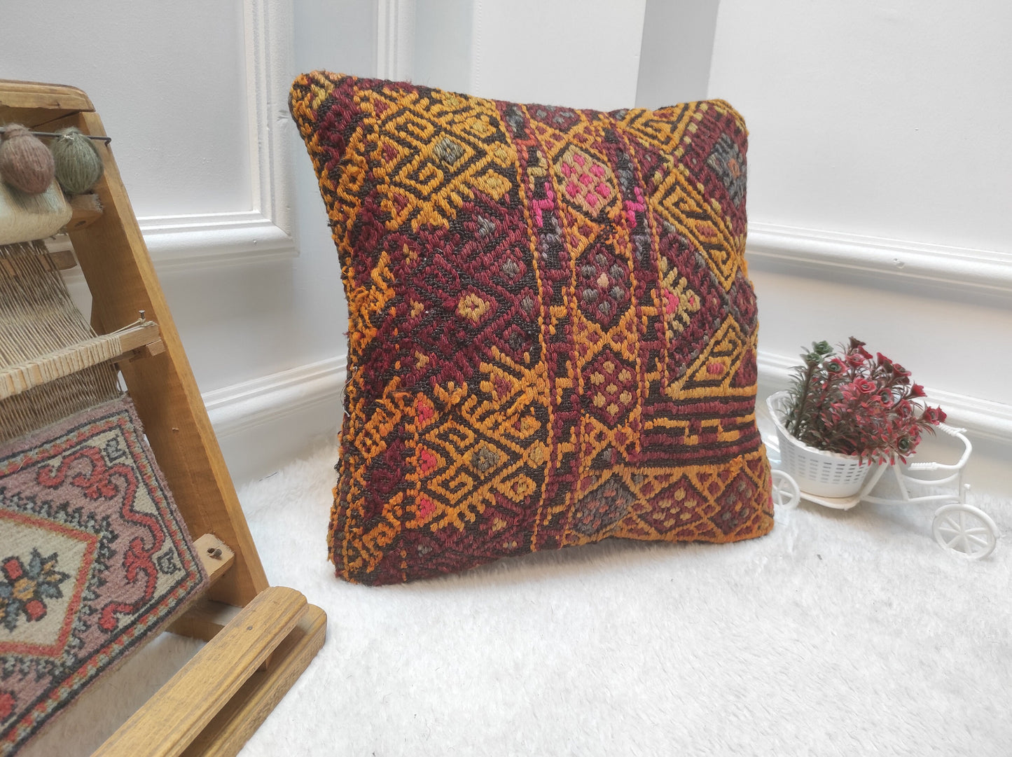 Handmade Kilim Pillow Cover: Upcycled Woven Rug, Red Ethnic Design (16x16 Inc)