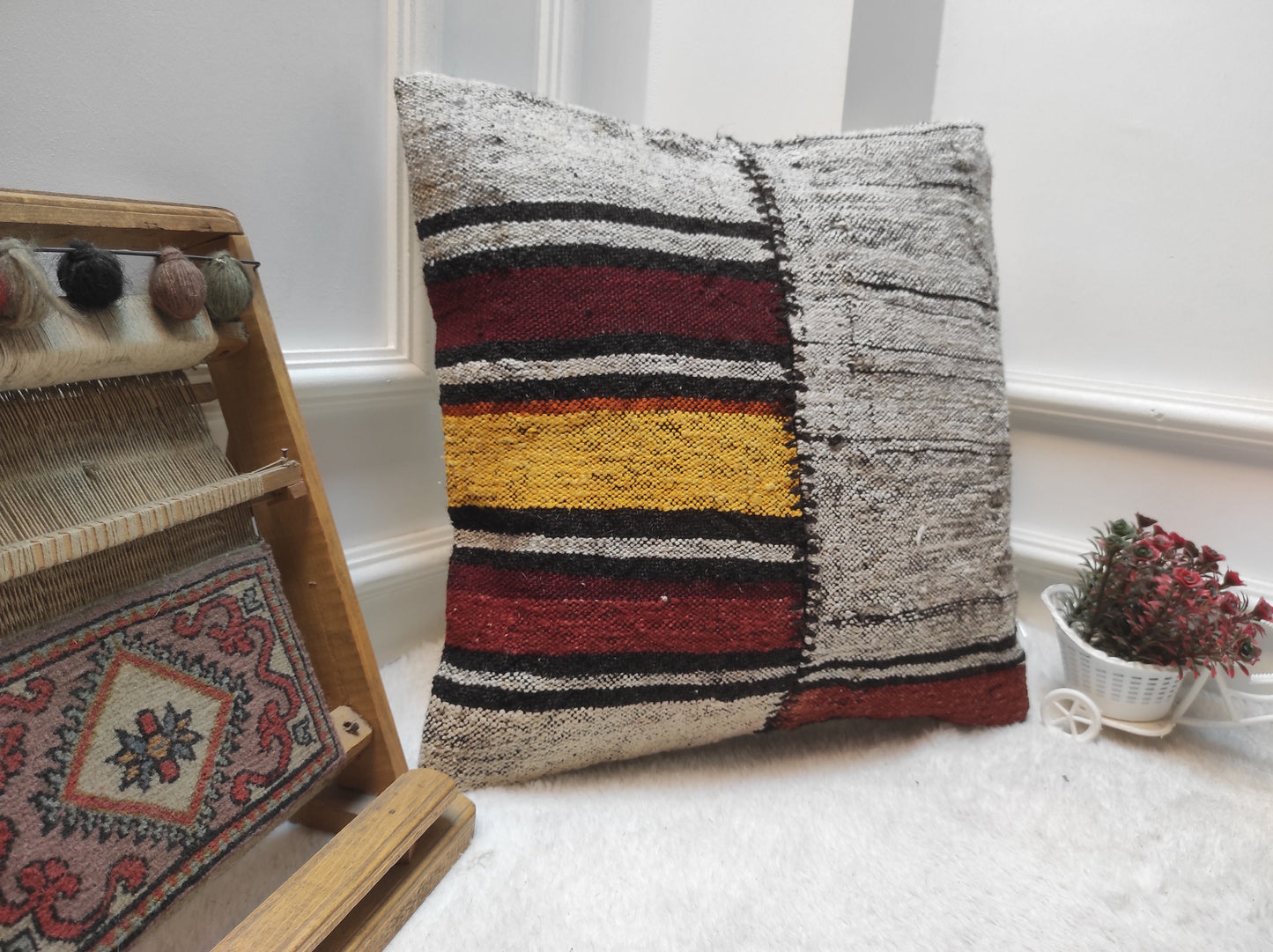 Handwoven Kilim Pillow Cover: Upcycled Ethnic Rug, 18x18 in