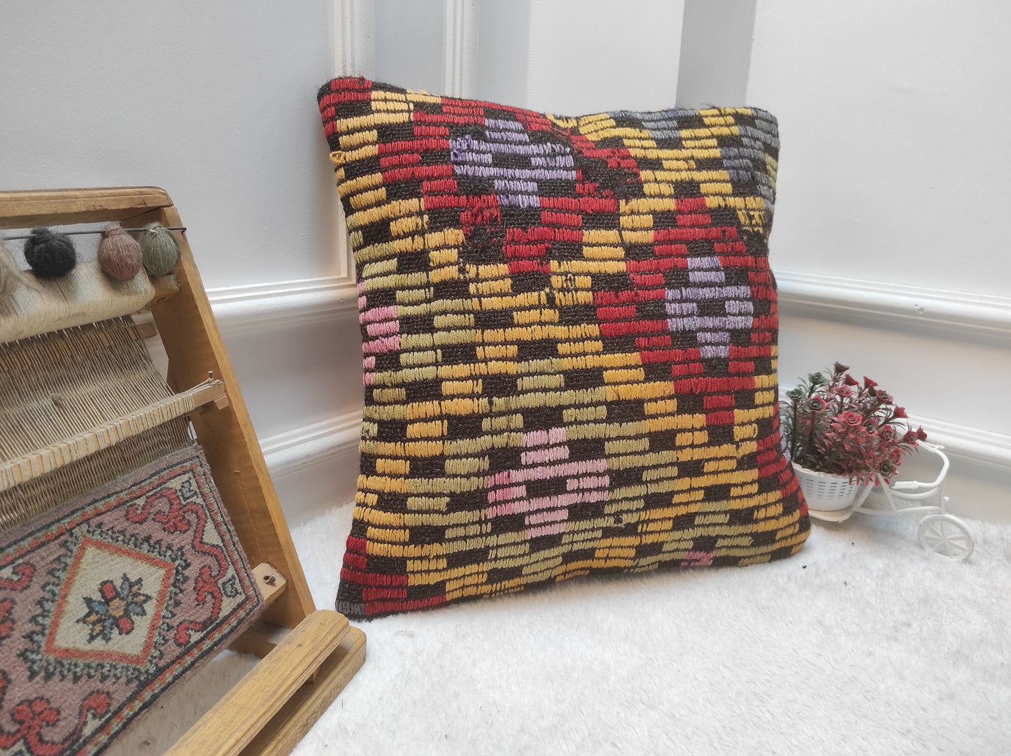 Handmade Kilim Pillow Cover: Upcycled Woven Rug, Ethnic Decor (18x18 inch)