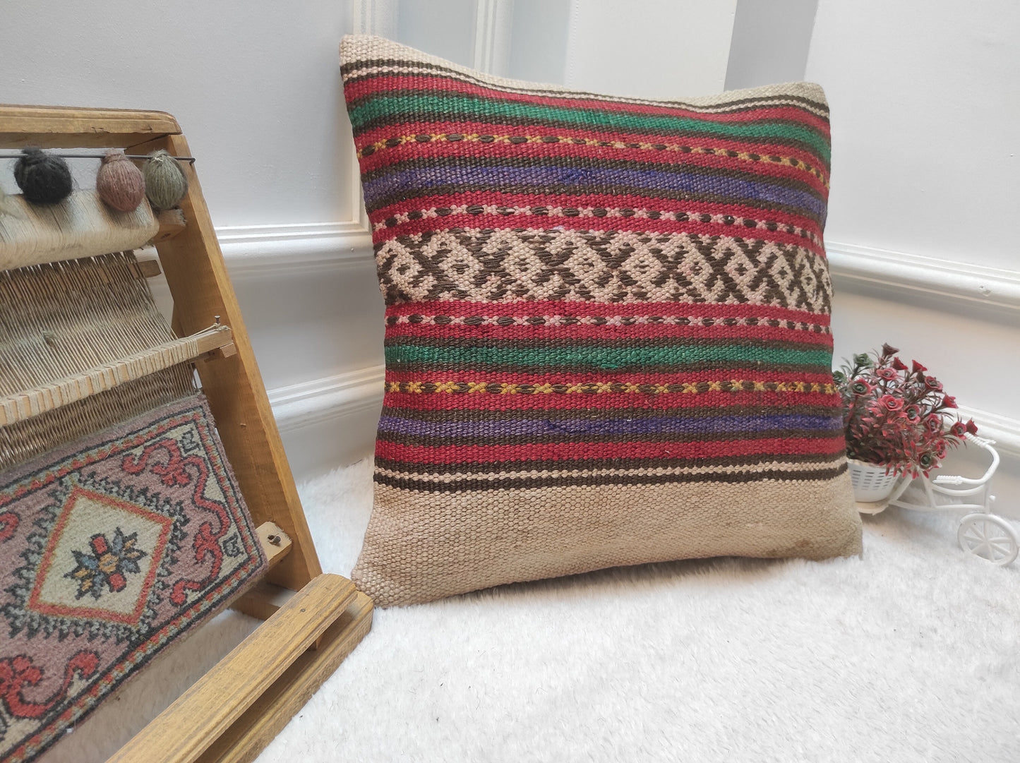 Handwoven Kilim Pillow Cover: Upcycled Bohemian Rug Pillow (18x18 in)