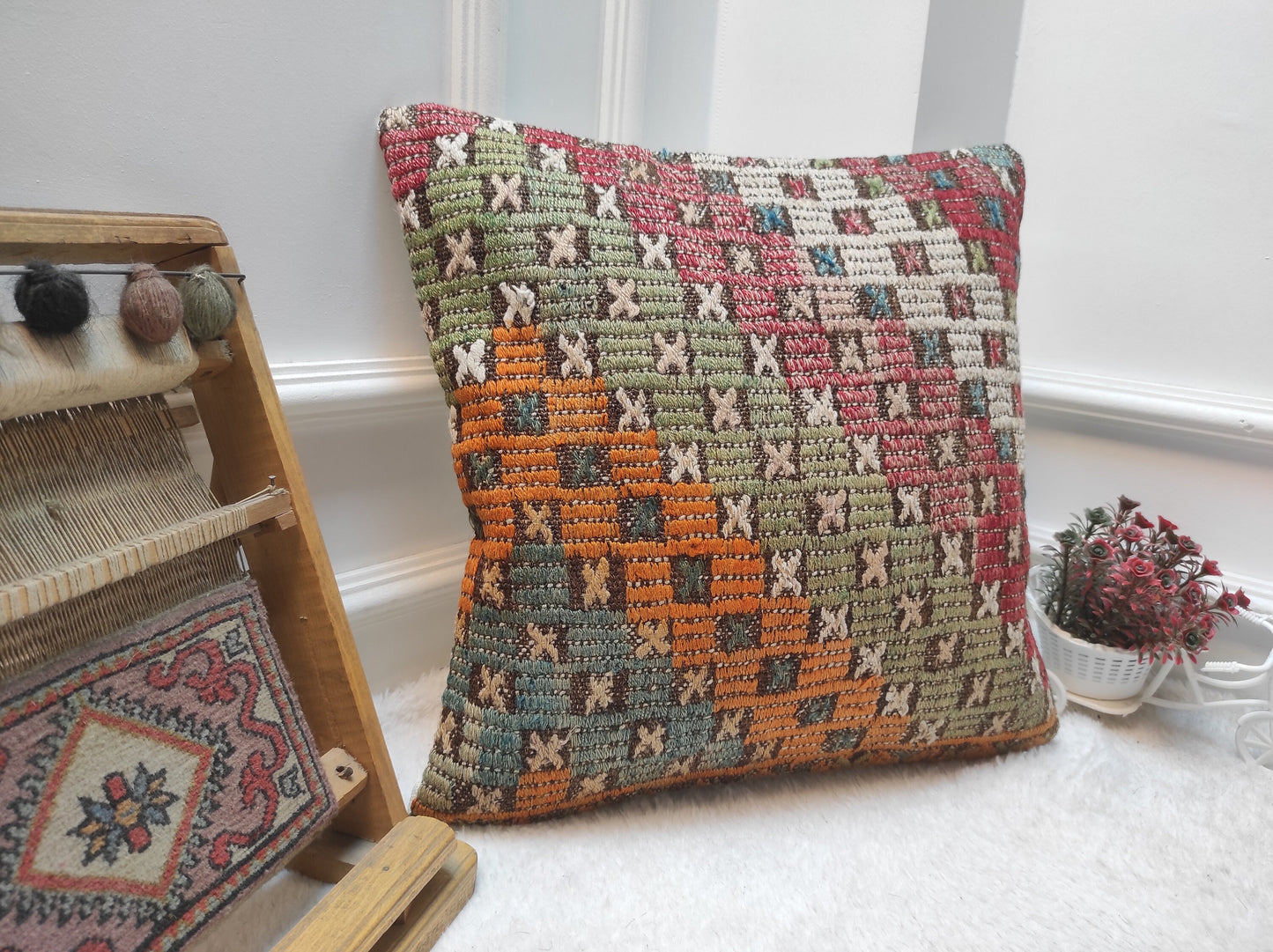 Handmade Kilim Pillow Cover: Upcycled Turkish Rug, Bohemian Decor (18x18 in)