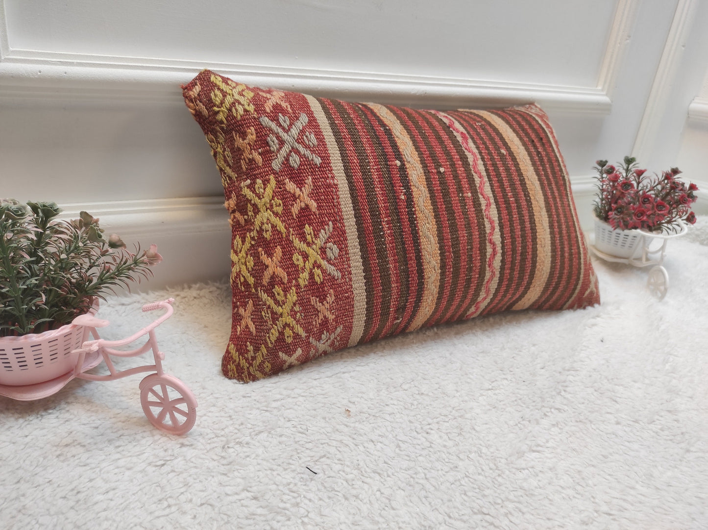 Handmade Kilim Pillow Cover: Upcycled Woven Rug, Rustic Ethnic Decor (12x20 in)