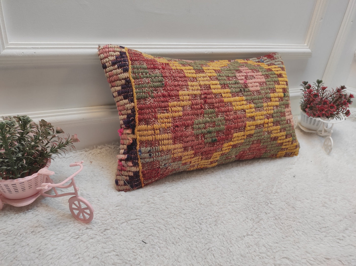 Handwoven Kilim Lumbar Pillow Cover: Upcycled Bohemian Rug (12x20 in)