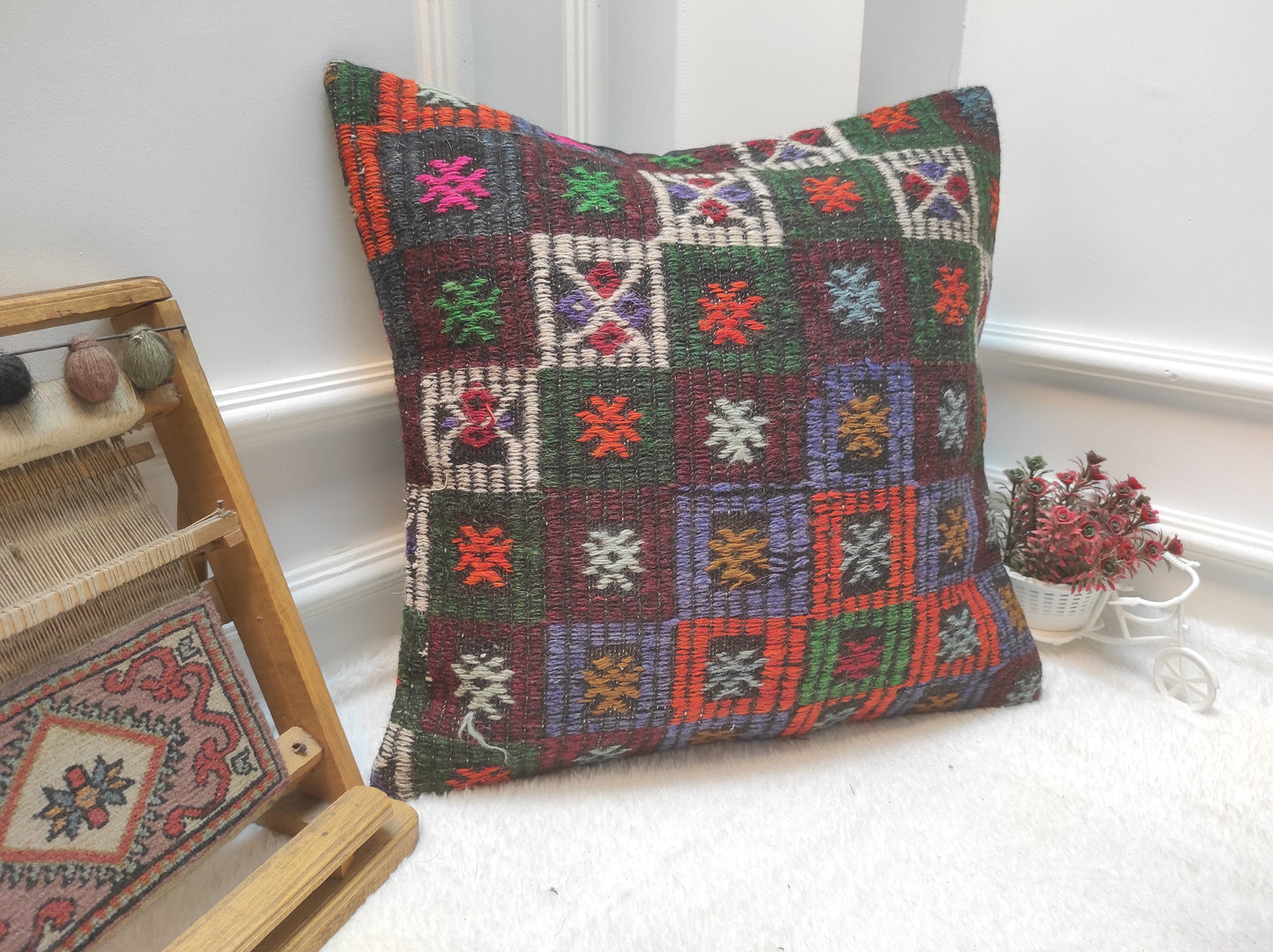 Handmade Kilim Pillow Cover: Upcycled Woven Rug, Bohemian Decor (20x20 inc)