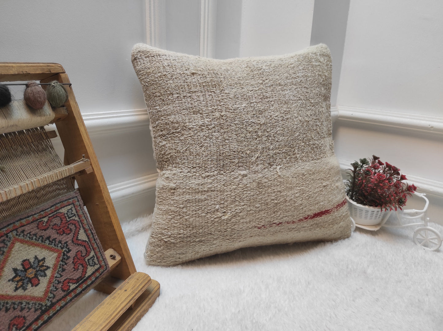 Handmade Kilim Pillow Cover: Upcycled Turkish Rug, White 16x16