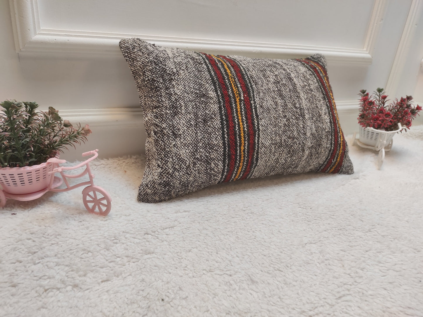 Handmade Kilim Pillow Cover: Upcycled Woven Rug, Rustic Ethnic Decor (12x20 inc)