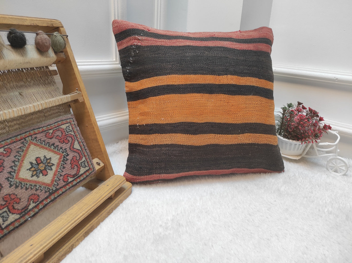 Handmade Kilim Pillow Cover: Black & Orange Bohemian Pillow (16x16 inc)