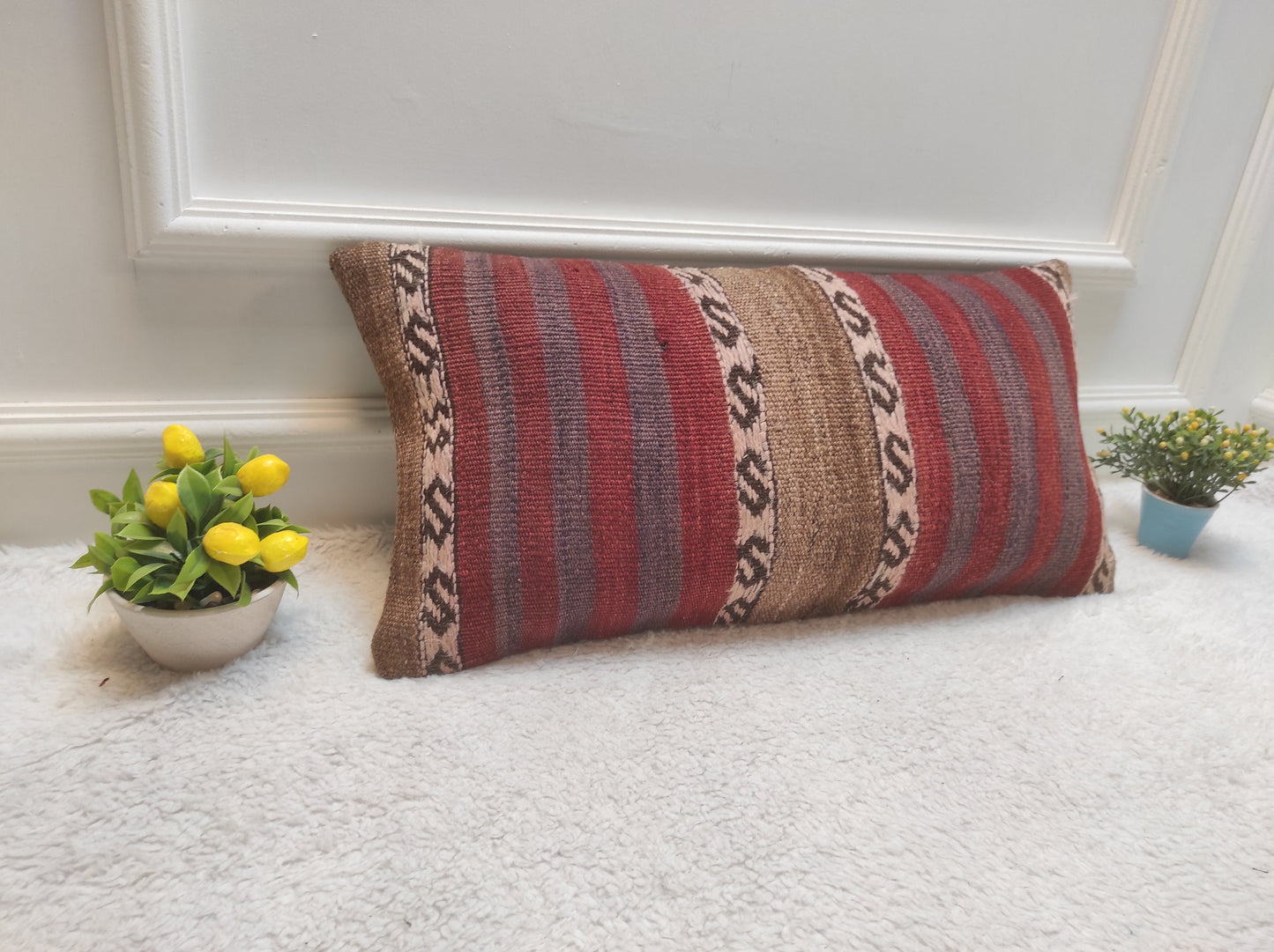 Handmade Kilim Lumbar Pillow Cover: Red Tribal Woven Rug, 12x24