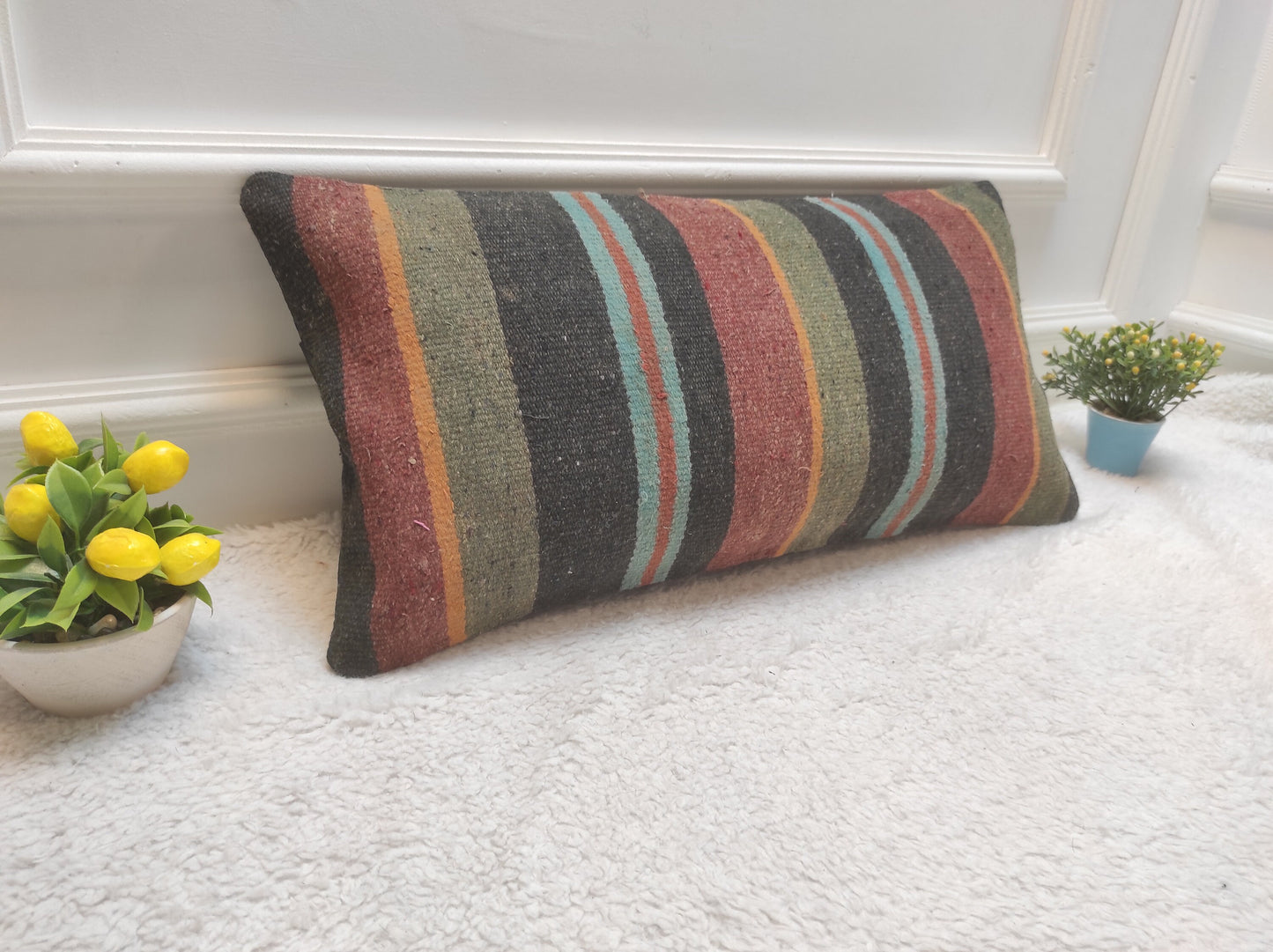 Handmade Kilim Pillow Cover: Upcycled Woven Rug, Striped Lumbar Cushion (12x24 inc)