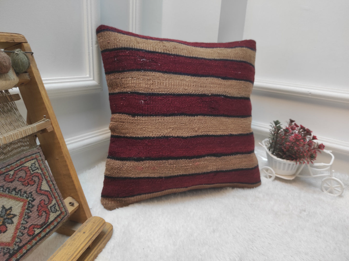 Handmade Kilim Pillow Cover: Upcycled Woven Rug, Bohemian Accent (16x16)