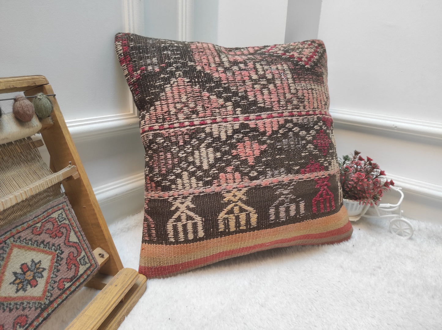 Handmade Kilim Pillow Cover: Upcycled Woven Rug, Ethnic Decor (18x18 inc)