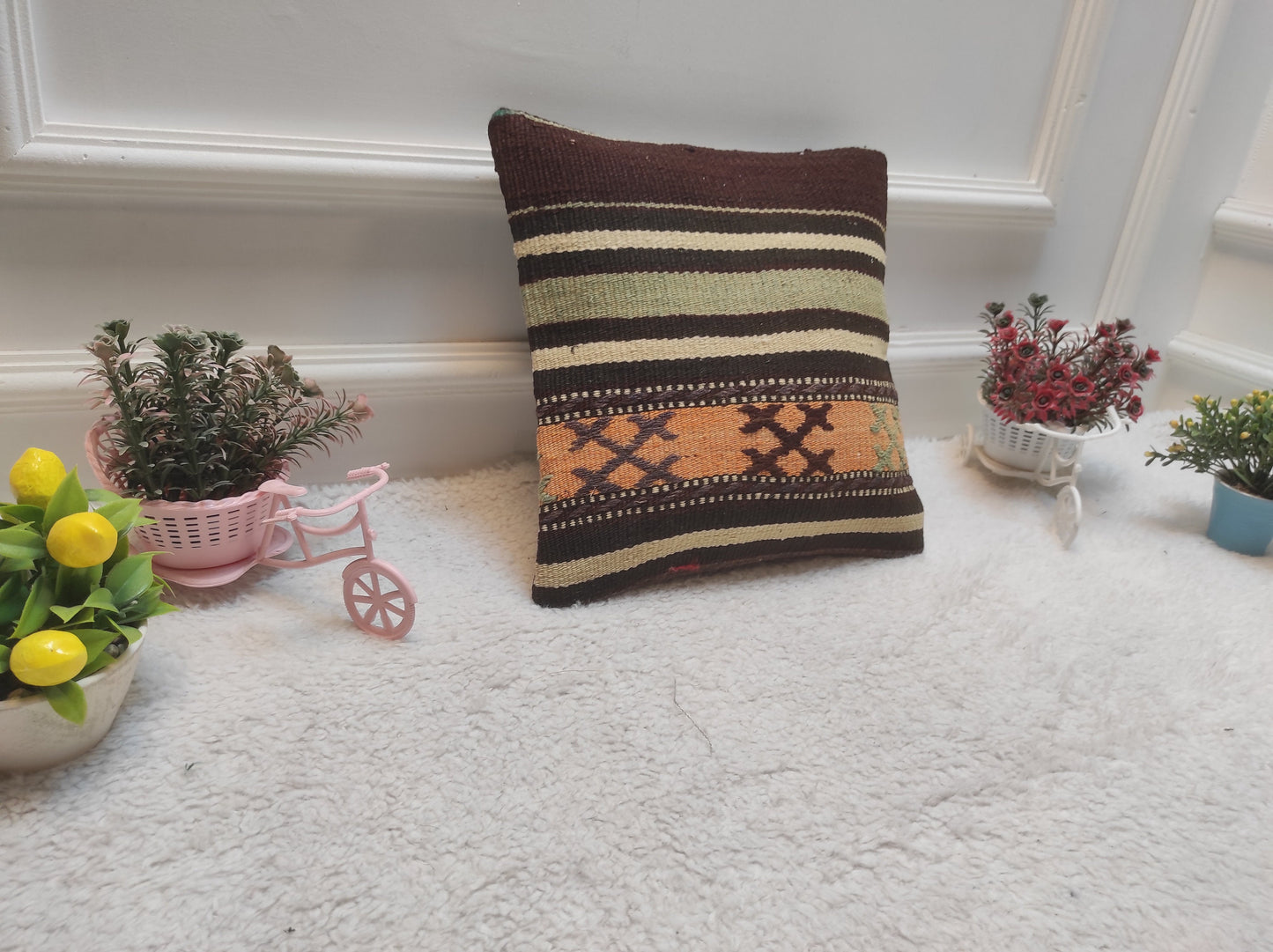 Handmade Kilim Pillow Cover: Upcycled Organic Wool, Bohemian Decor (12x12 in)