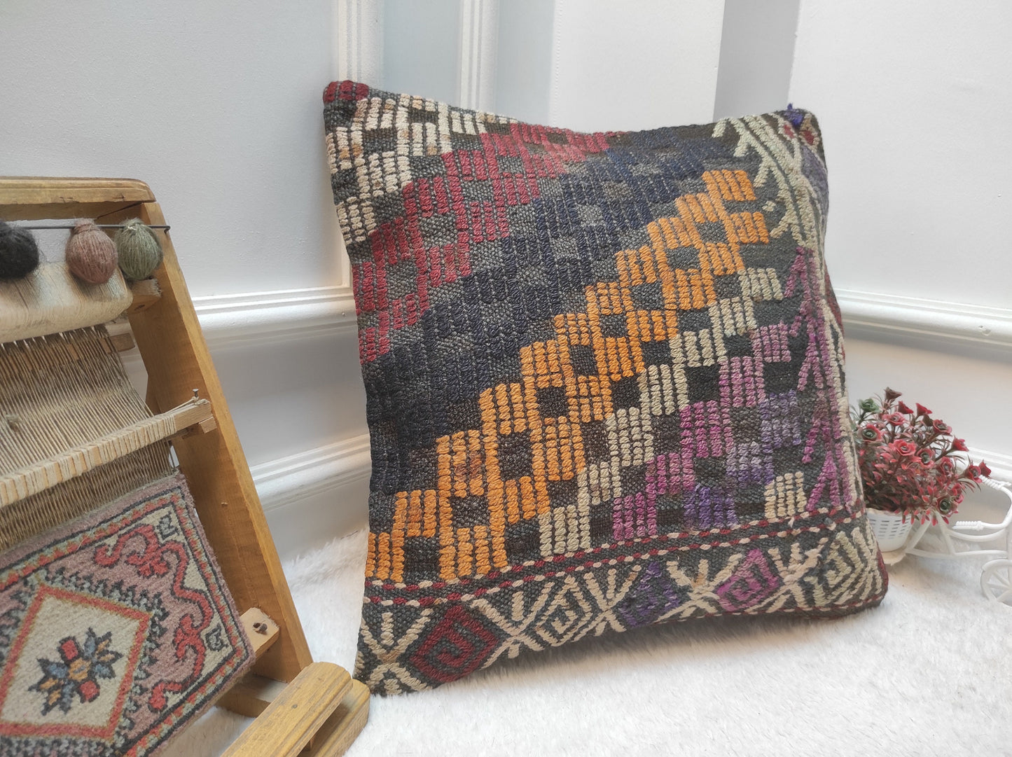 Handmade Kilim Pillow Cover: Upcycled Woven Rug, 18x18 in
