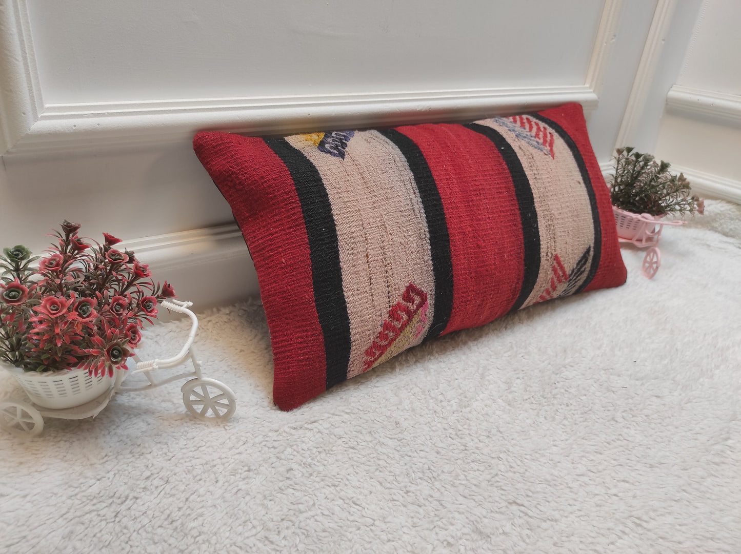 Red Kilim Lumbar Pillow: Handwoven Wool, Bohemian Accent (12x24 inc)