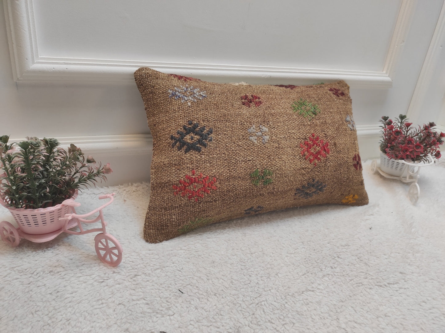 Handmade Kilim Pillow Cover: Upcycled Woven Rug, Tribal Design (12x20 in)