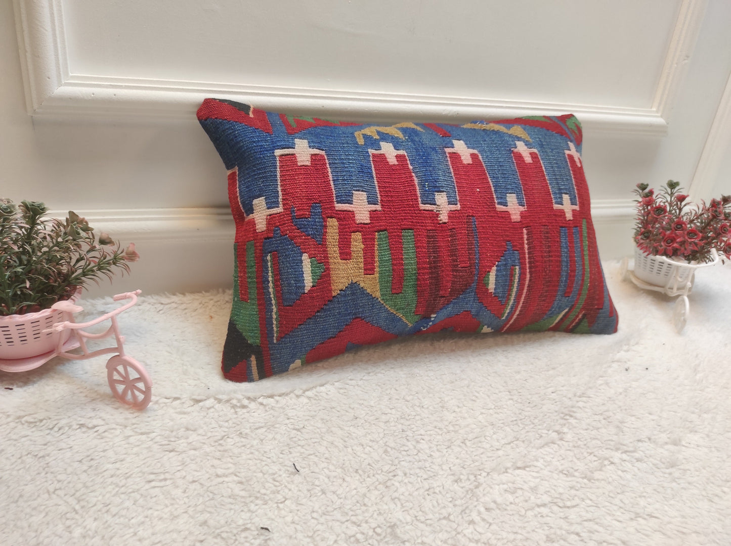 Red Kilim Lumbar Pillow Cover: Turkish Woven Rug, 12x20