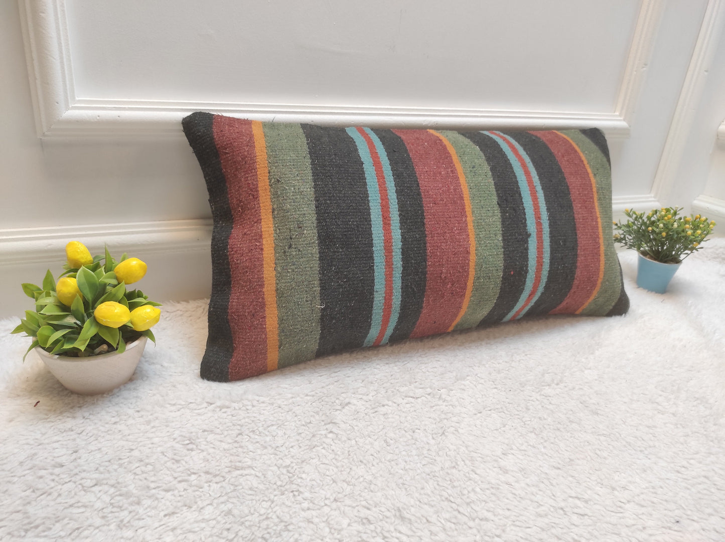 Handwoven Kilim Lumbar Pillow: Rustic Tribal Cover (12x24 in)