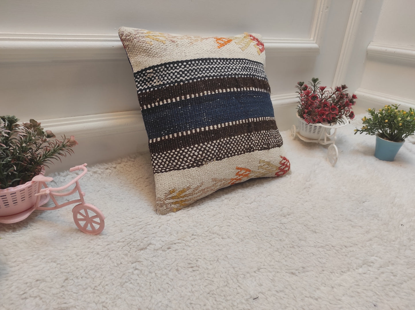 Handwoven Kilim Pillow Cover: Upcycled Tribal Rug, 12x12 inch