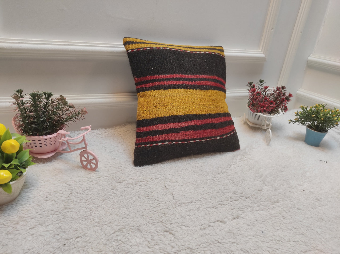 Handwoven Kilim Pillow Cover: Black, Red, Yellow, Bohemian Accent (12x12 inc)