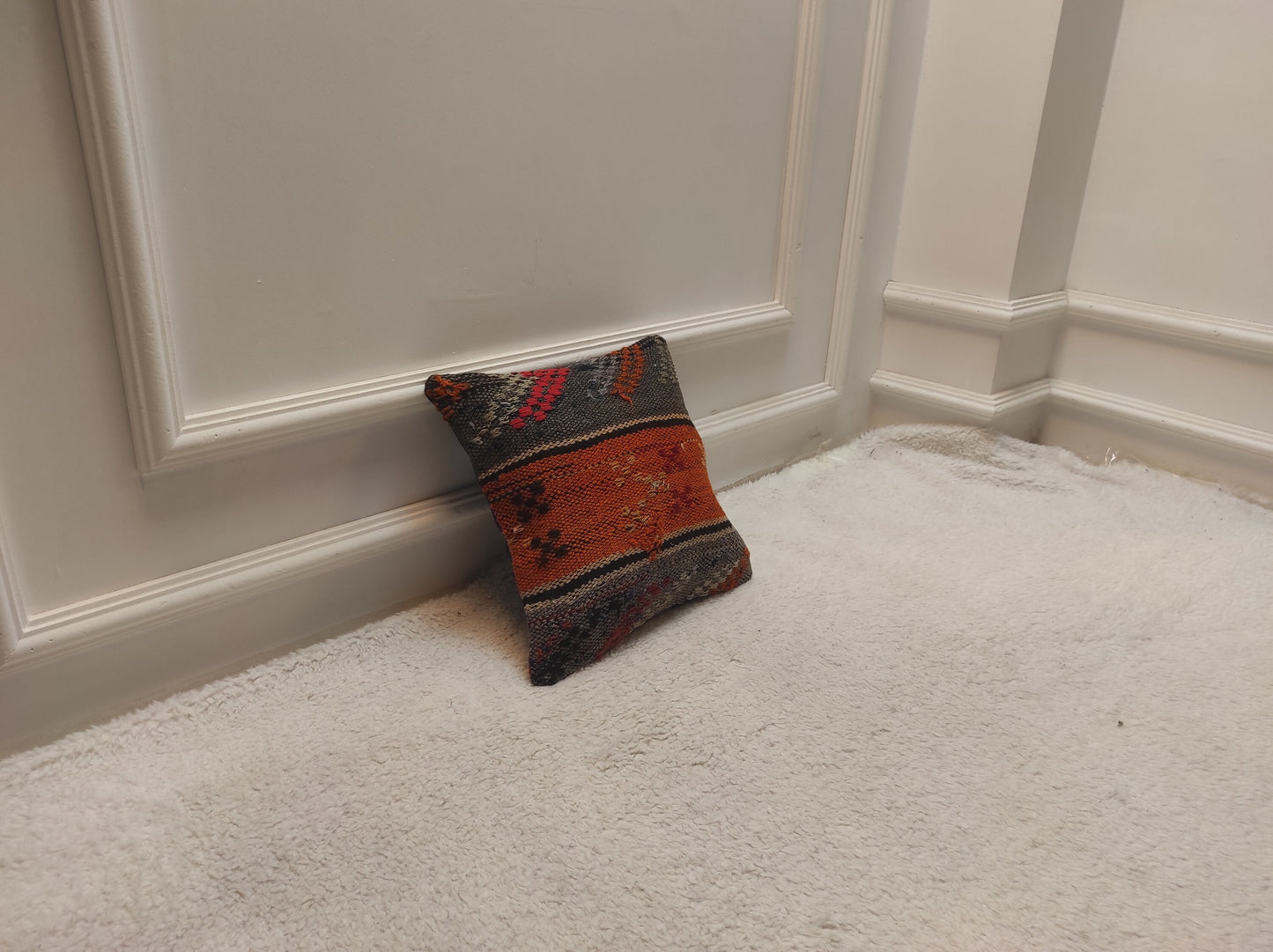 Handmade Kilim Pillow Cover: Upcycled Woven Rug, Orange Grey Red (12x12 inc)