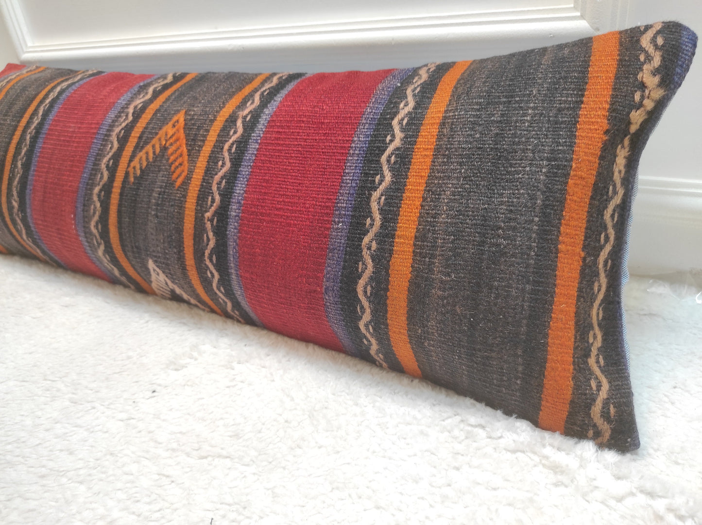 Handmade Kilim Pillow Cover: Upcycled Woven Rug, Ethnic Striped Cushion (12x36)