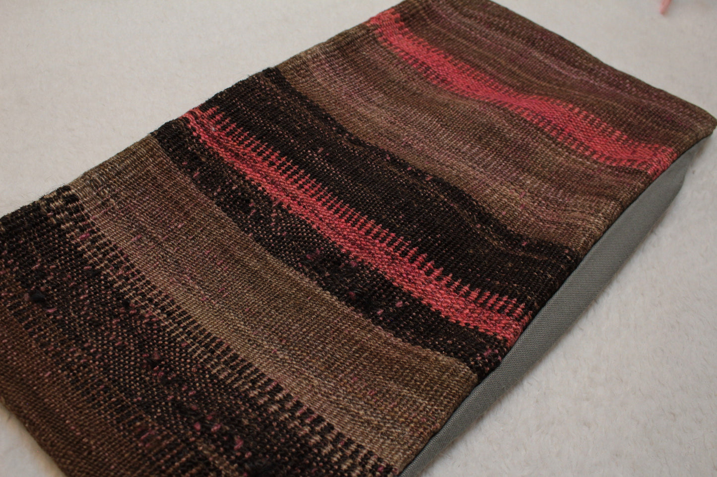 12x24 Boho Kilim Pillow Cover: Handmade Organic Wool, Striped Brown Decor