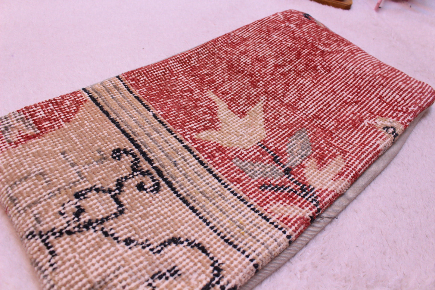Red Turkish Rug Lumbar Pillow: 12x24 Boho Decor, Organic Wool