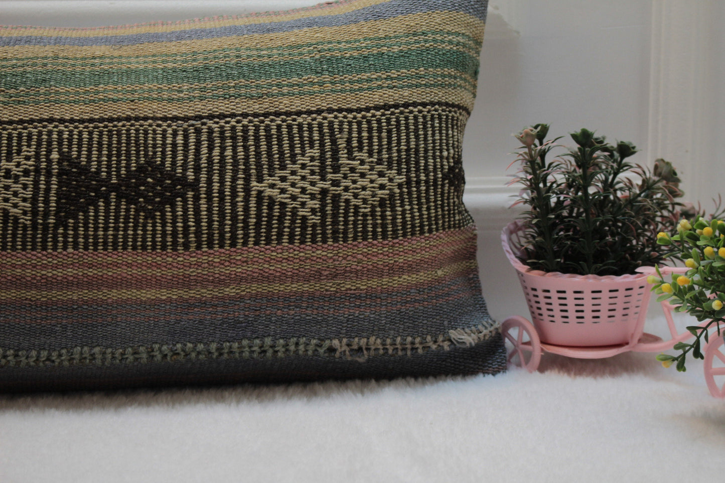Handmade Kilim Pillow Cover: Upcycled Woven Rug, 12x36 inch
