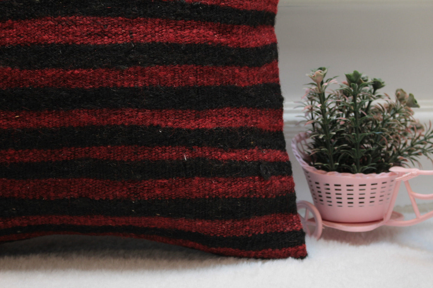 Handmade Kilim Pillow Cover: Upcycled Woven Rug, Red & Black (16x16 in)