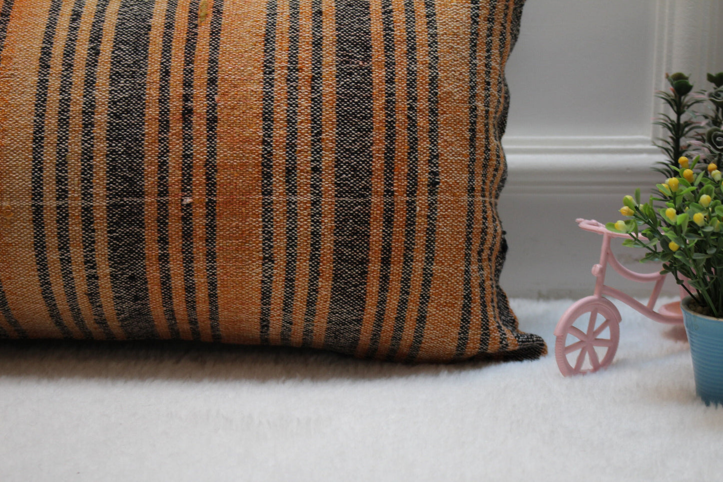 Handmade Striped Kilim Lumbar Pillow Cover: Orange Gray Woven Rug (12x36 in)
