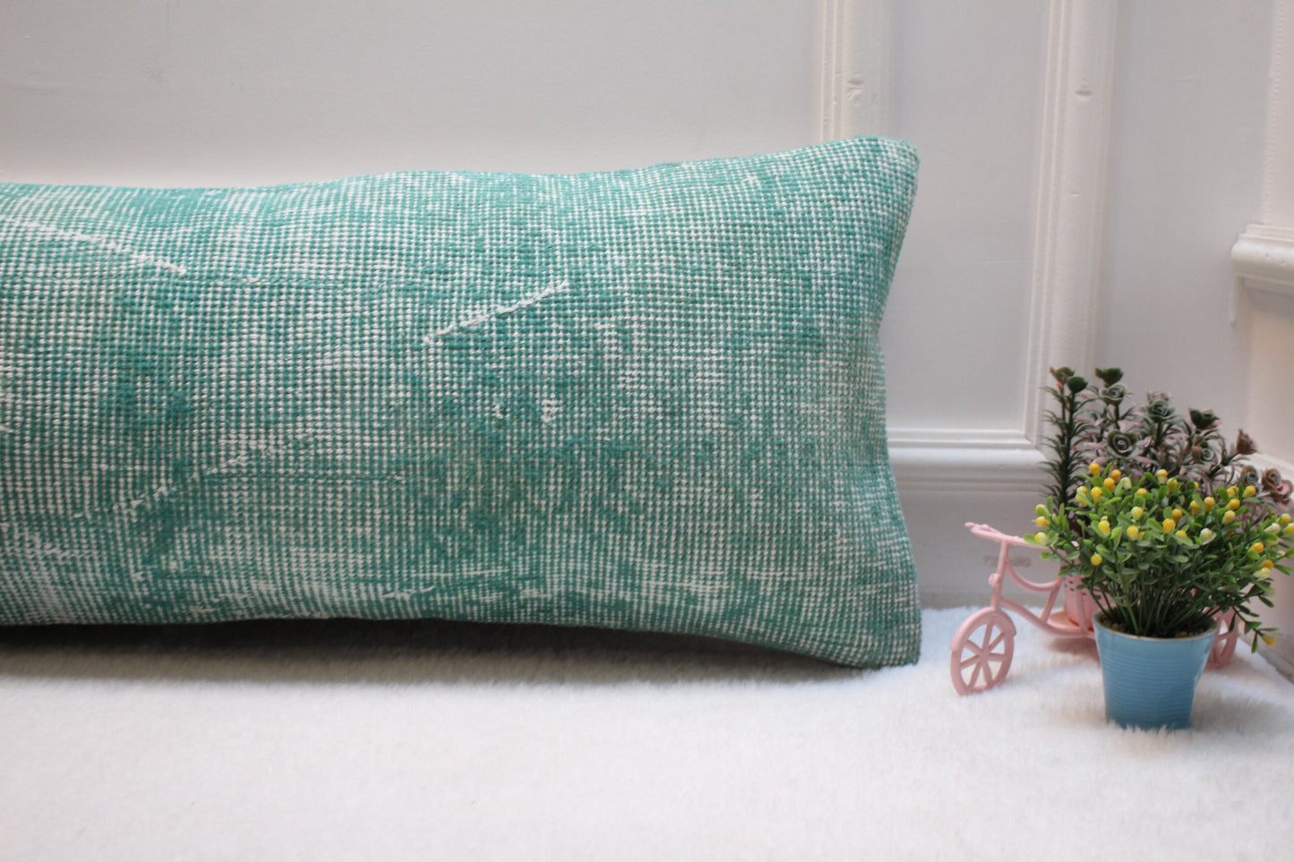 Handmade Kilim Lumbar Pillow Cover: Upcycled Woven Rug, Blue & Black (12x36 in)
