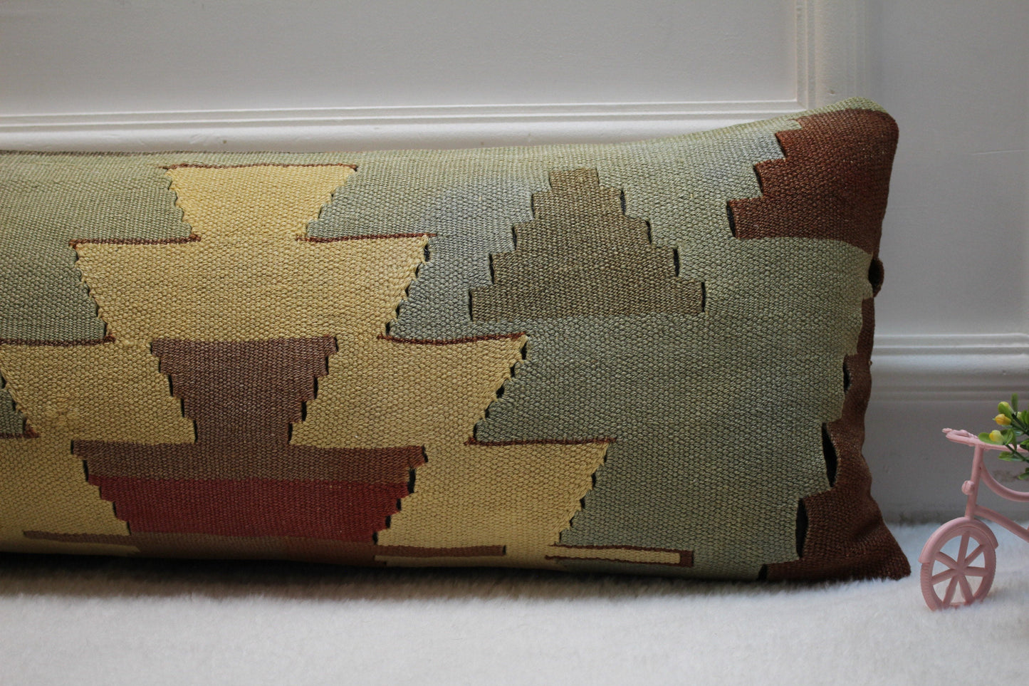 Geometric Kilim Pillow Cover 12x36: Vintage Turkish Woven Wool