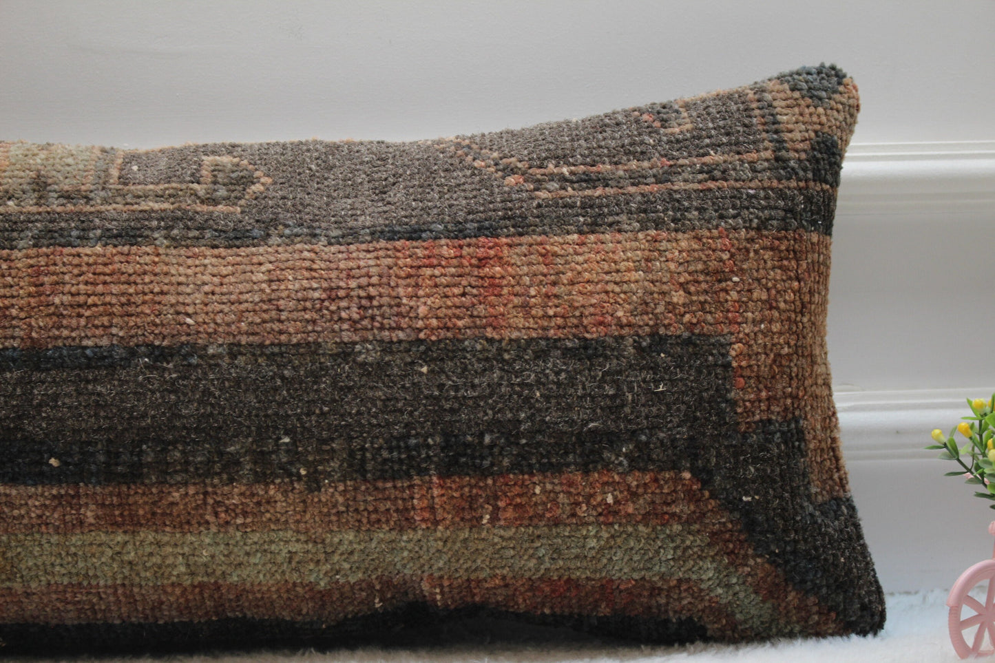 Handmade Turkish Kilim Lumbar Pillow Cover: Organic Wool Rug, 12x24 inc