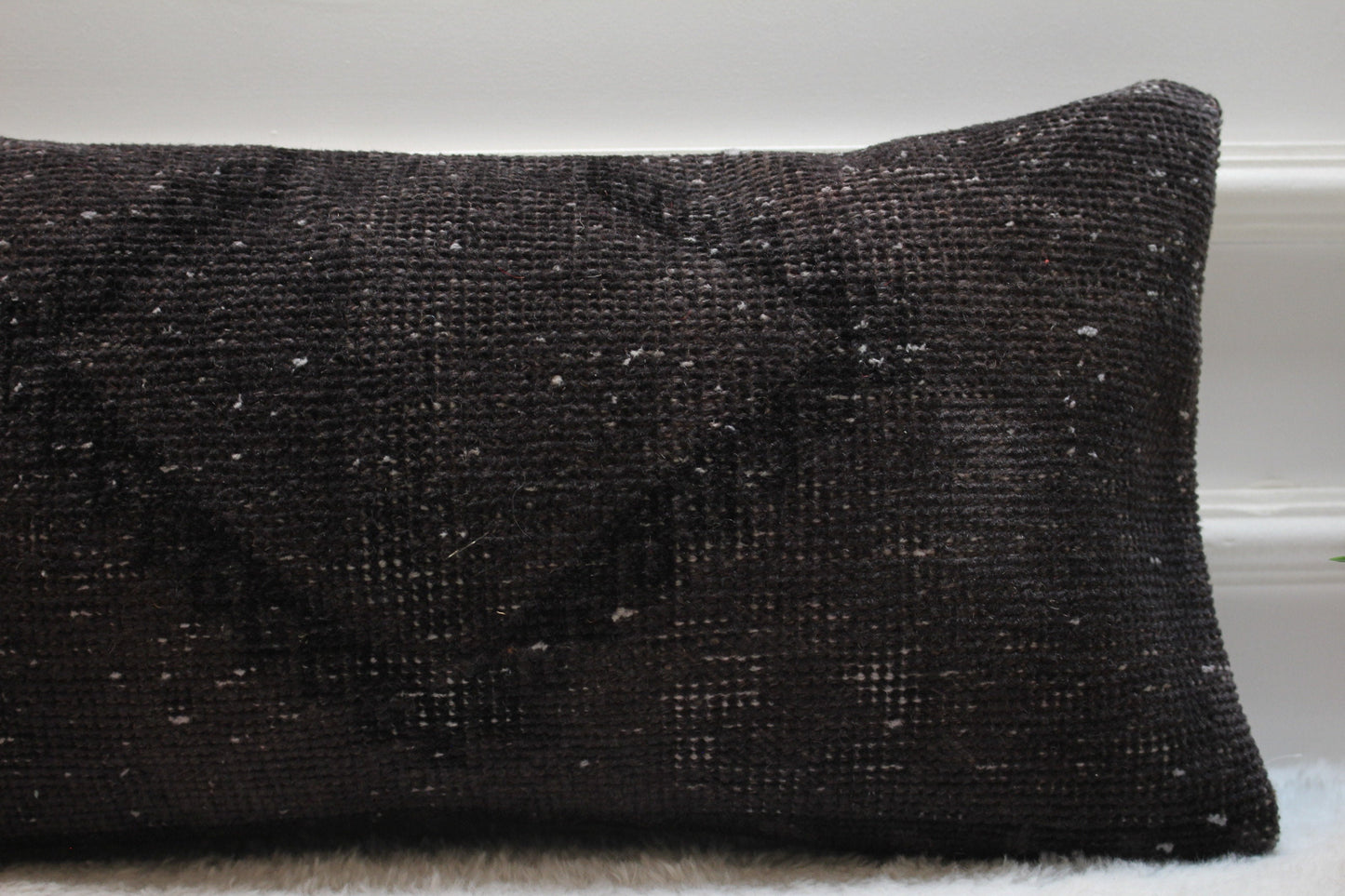 Handmade Black Wool Kilim Pillow: Organic Turkish Lumbar Cover (12x24 in)