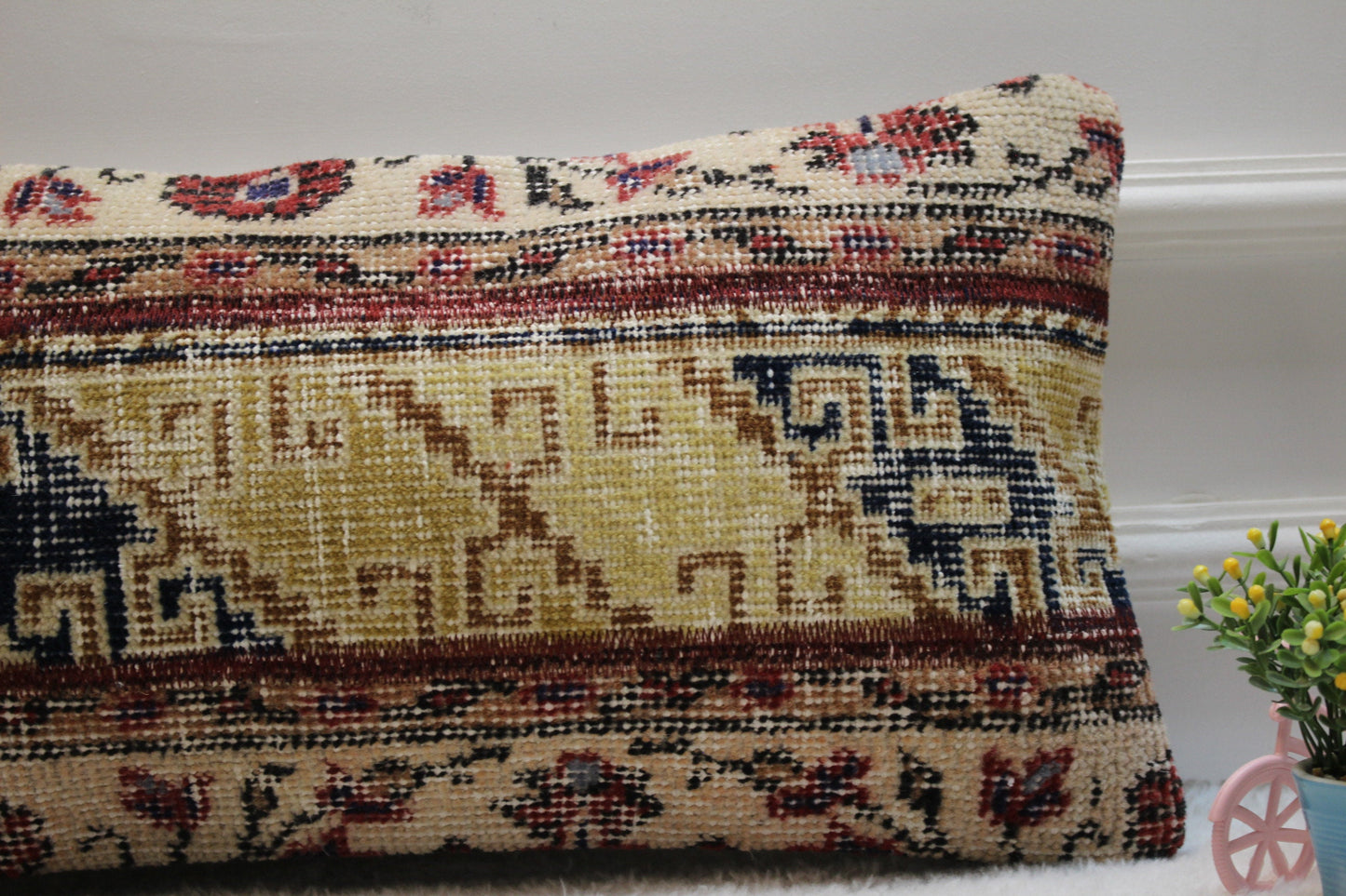 Handmade Lumbar Rug Pillow: Vintage Ethnic Wool Pillow Case (12x24 in)