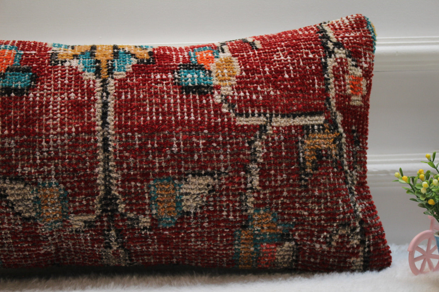 Red Turkish Rug Lumbar Pillow Cover: Vintage Wool, 12x24 inch