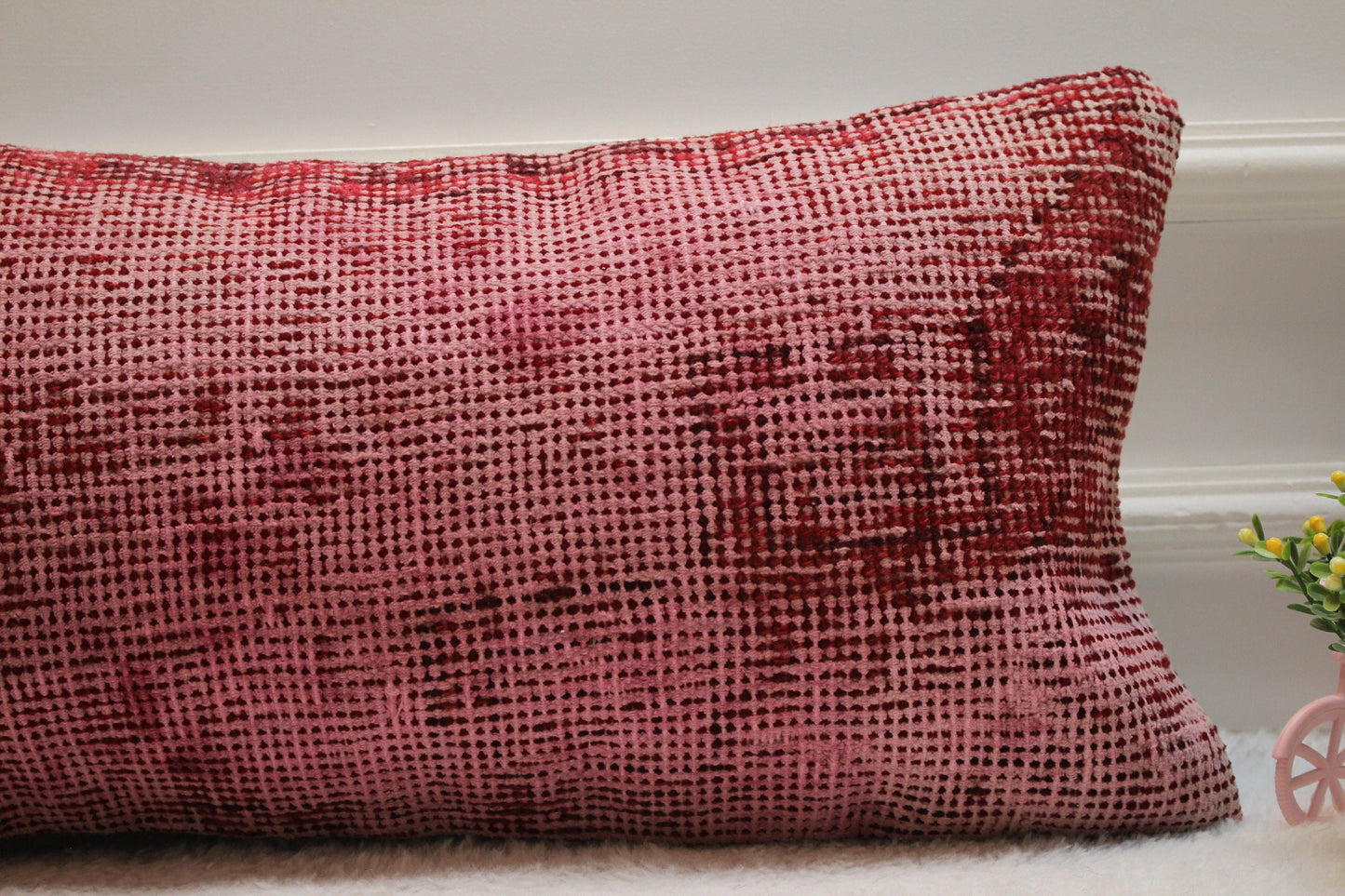 Red Turkish Rug Pillow: 12x24 Handmade Wool Lumbar Pillow Cover