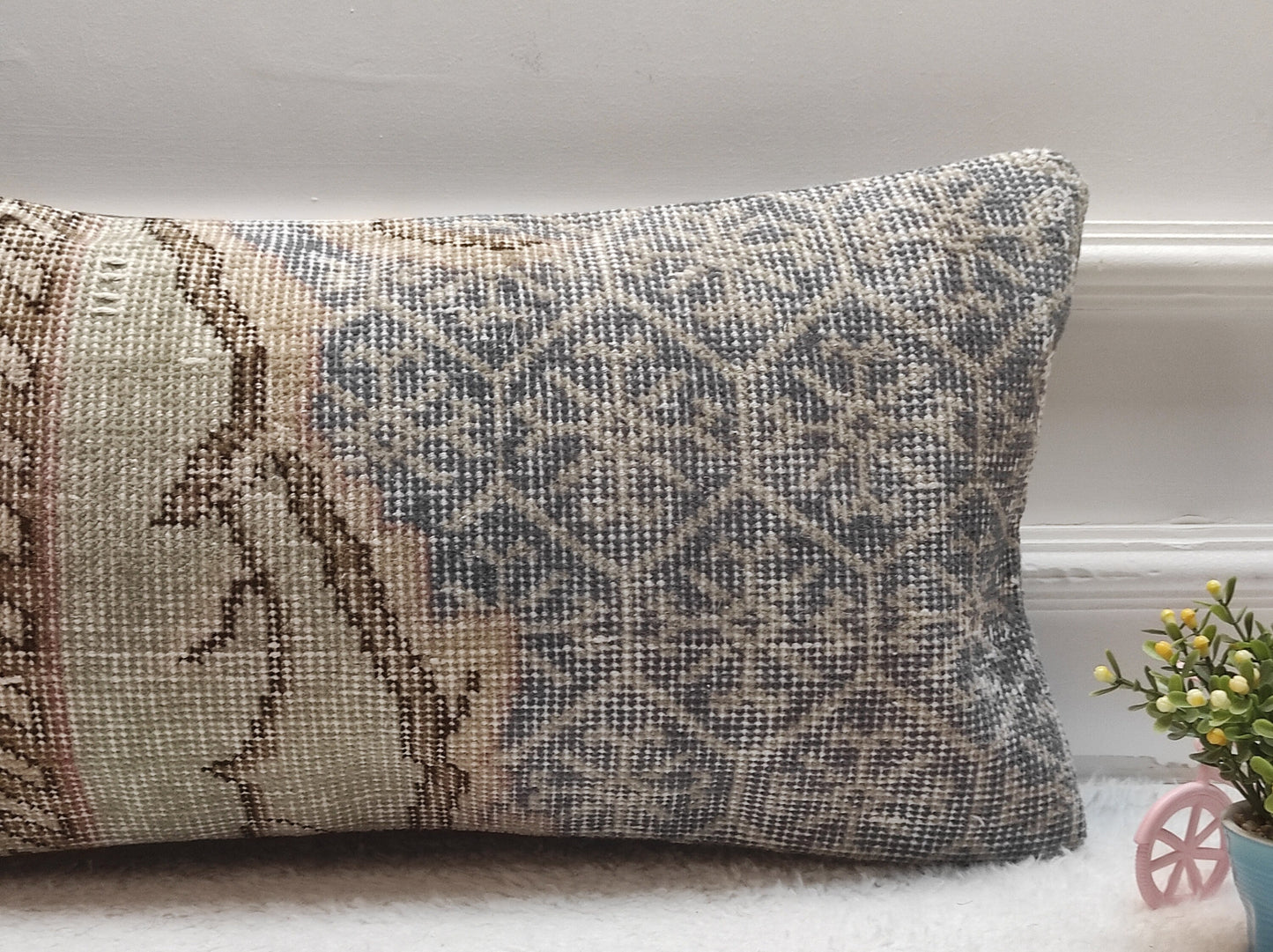 Handmade Kilim Lumbar Pillow Cover: Upcycled Turkish Rug, Boho Decor (12x24 inc)